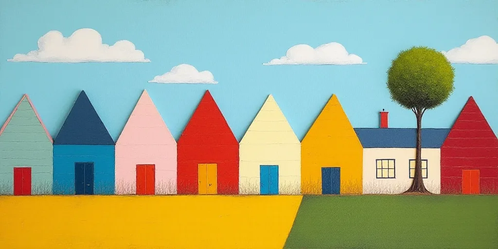 a row of colorful houses with a tree in the background and a blue sky in the background with clouds,