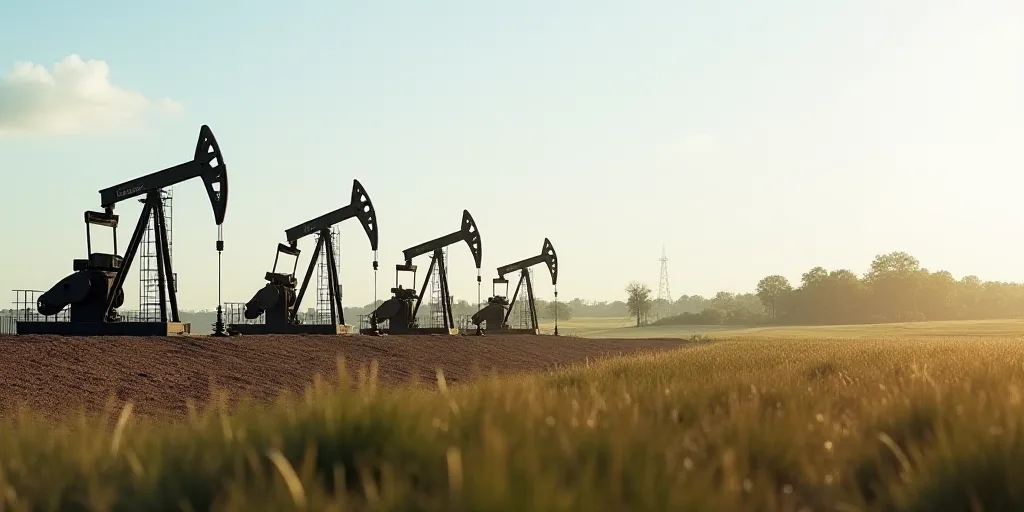 a row of oil pumps sitting on top of a dirt field next to a field of grass and trees, Dahlov Ipcar,