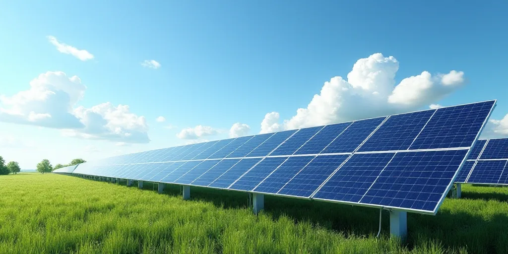 a row of solar panels on a farm with a sky background and a few clouds in the sky above, Dahlov Ipca