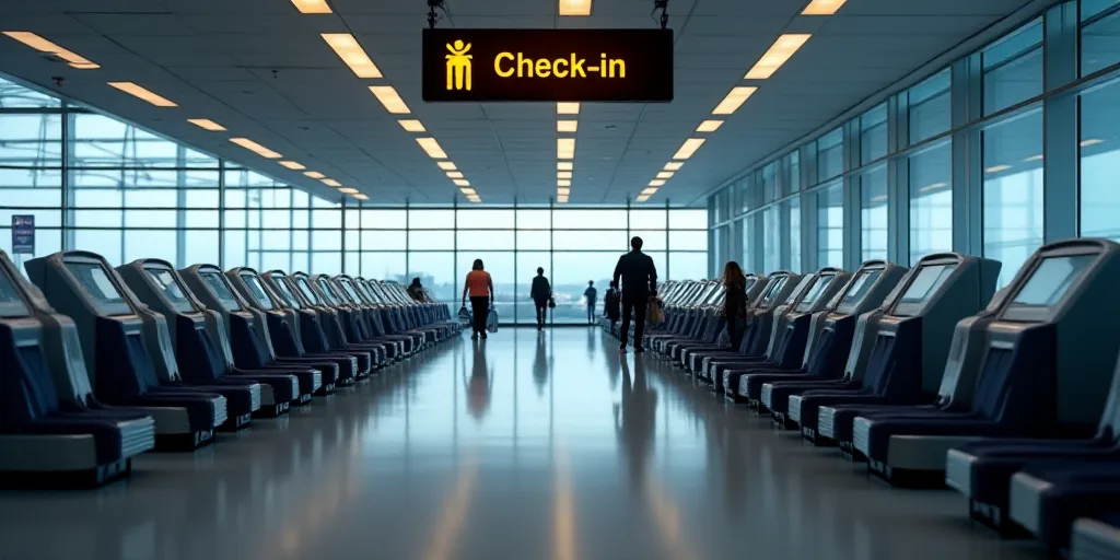 a row of turns at an airport with a sign above them that says self check - in - kots, Dahlov Ipcar,