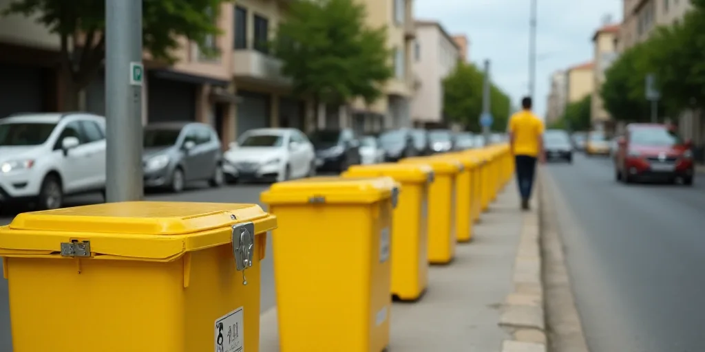 a row of yellow boxes sitting on the side of a road next to parked cars and a man in a yellow shirt,