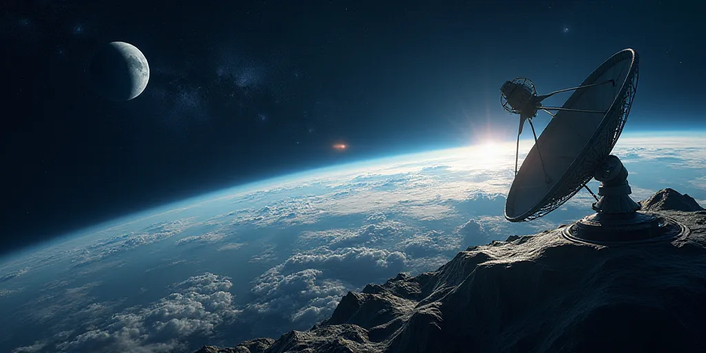 a satellite dish is shown in the middle of the earth's atmosphere, with a satellite dish attached to