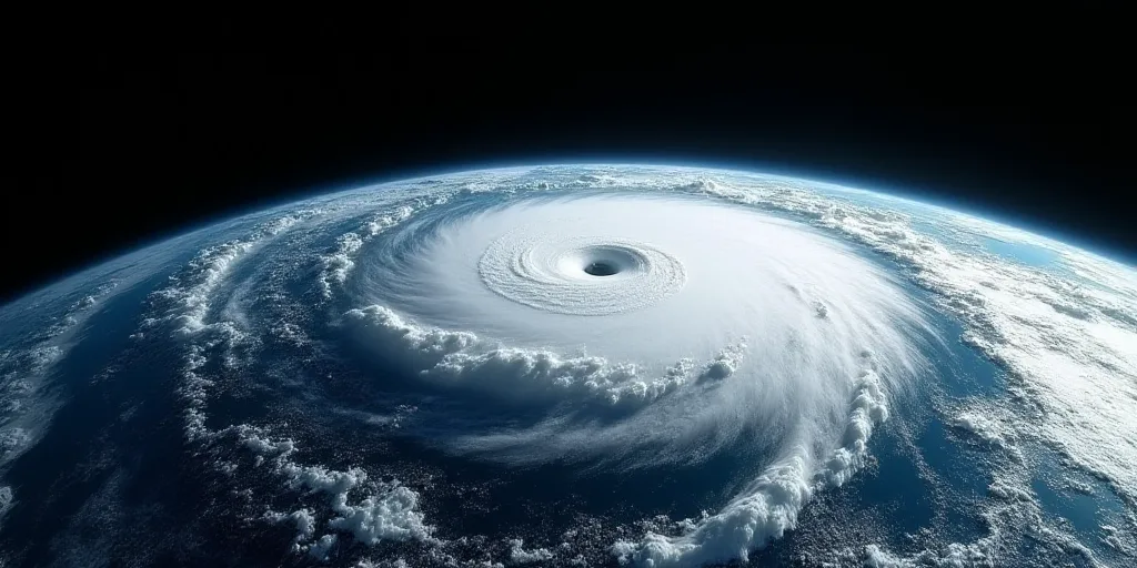 a satellite image of a hurricane in the ocean waters of the earth's surface, with a black background