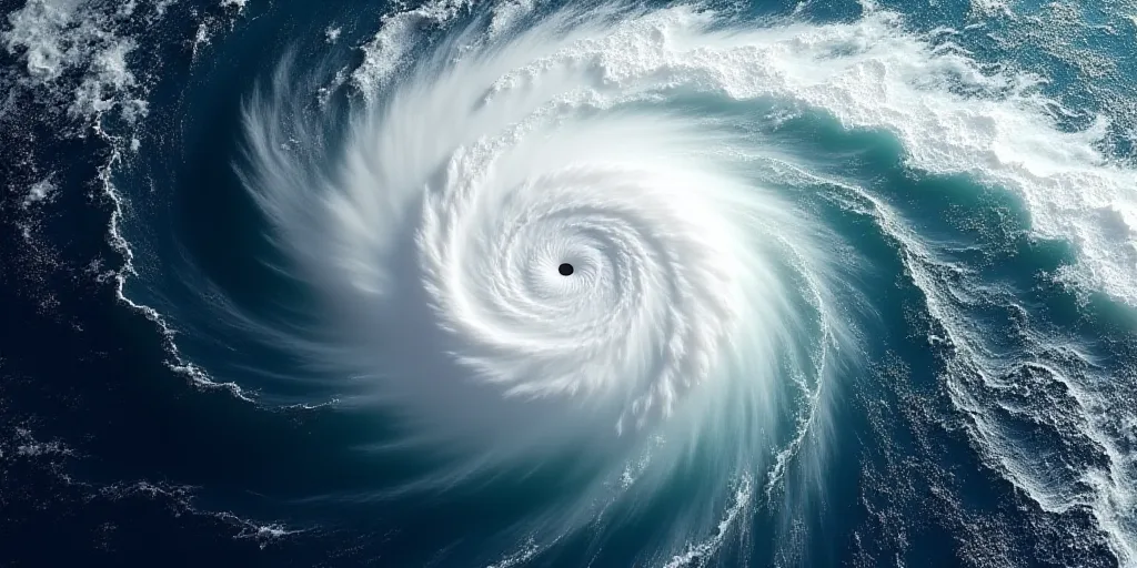 a satellite image of a hurricane in the ocean with a white cloud in the middle of the picture and a