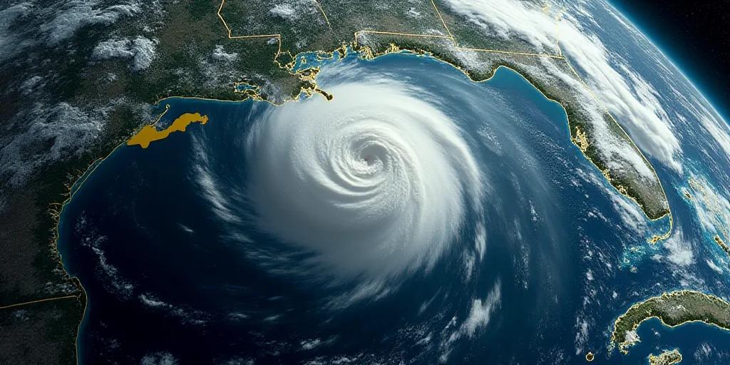 a satellite image of a tropical storm in the ocean with a yellow line indicating the path of a hurri