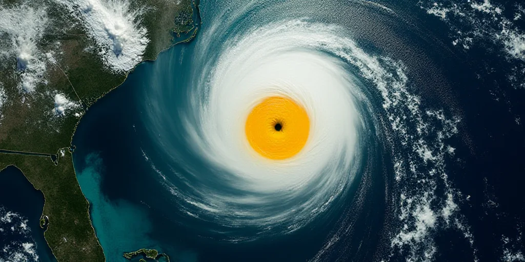 a satellite image of a tropical cyclone in the ocean with a yellow circle in the center of the image