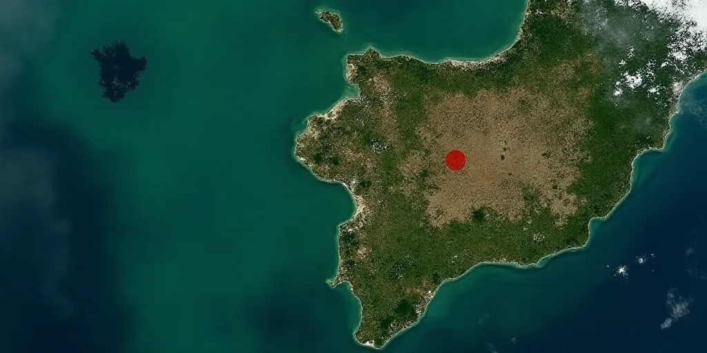a satellite image of a tropical region in the ocean with a green and brown color scheme and a red do