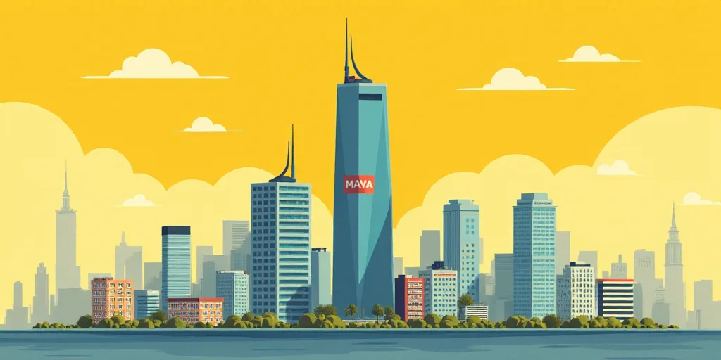 a series of different logos with a building in the background and a city in the background with a ye