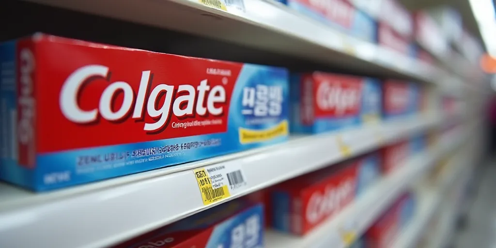 a shelf of colgate toothpaste in a store with toothpaste on it and toothpaste on the shelf, An Gyeon