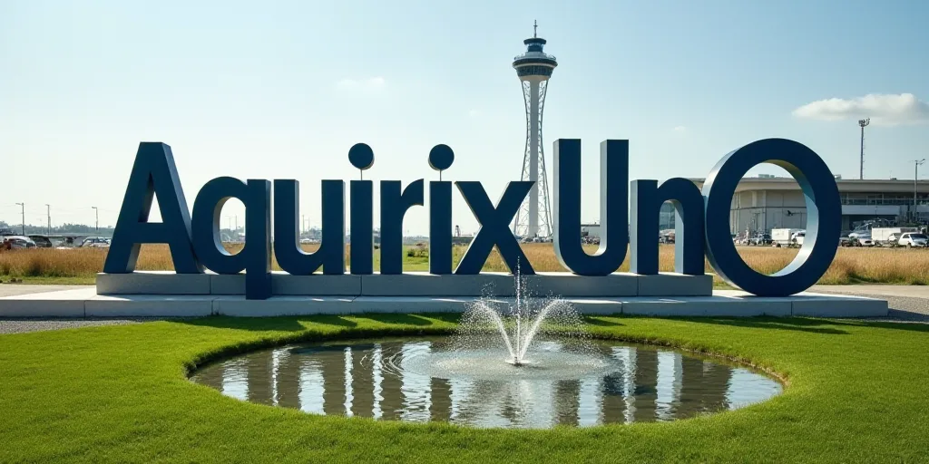 a sign for a airport with a tower in the background and a grassy area in front of it that has a wate