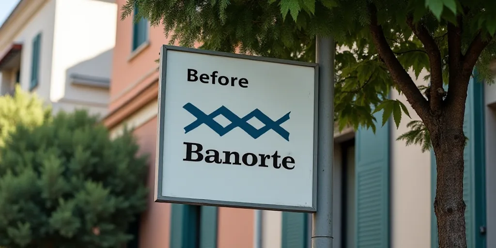 a sign for a bank with a tree in front of it and a building behind it that says before xxx banorte,