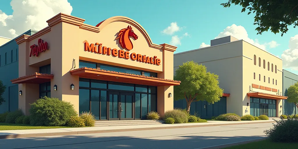a sign for a company in front of a building with a horse head on it's side and a large building with