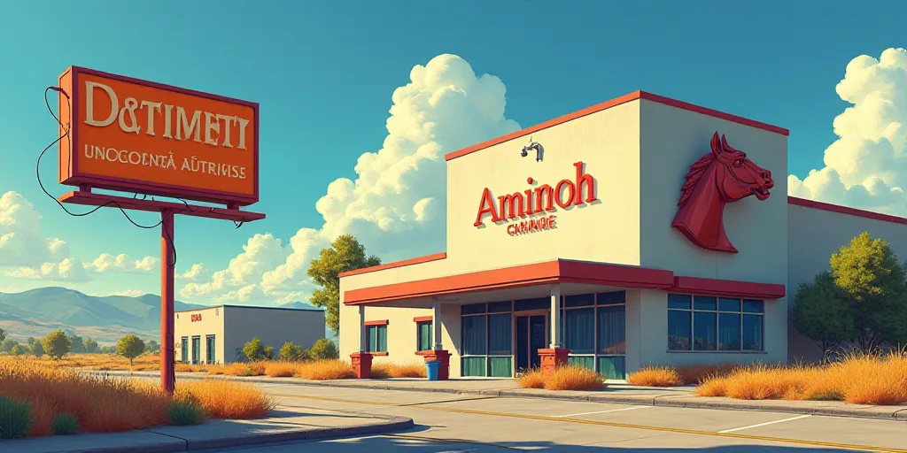 a sign for a company in front of a building with a horse head on it's side and a large building with