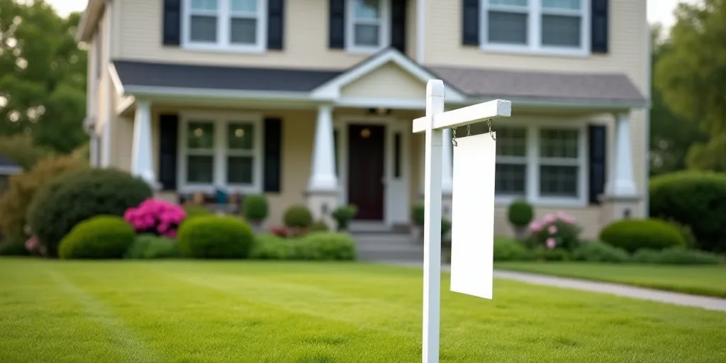 a sign for a home for sale in front of a house with a lawn and flowers in the front yard, Anne Rigne