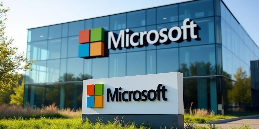 a sign for a microsoft company in front of a building with a large microsoft logo on it's side, Andr