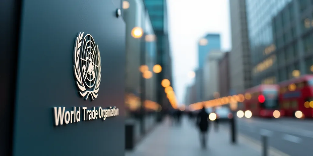a sign for the world trade organization wtoomc in front of a building in the city of london, Afewerk