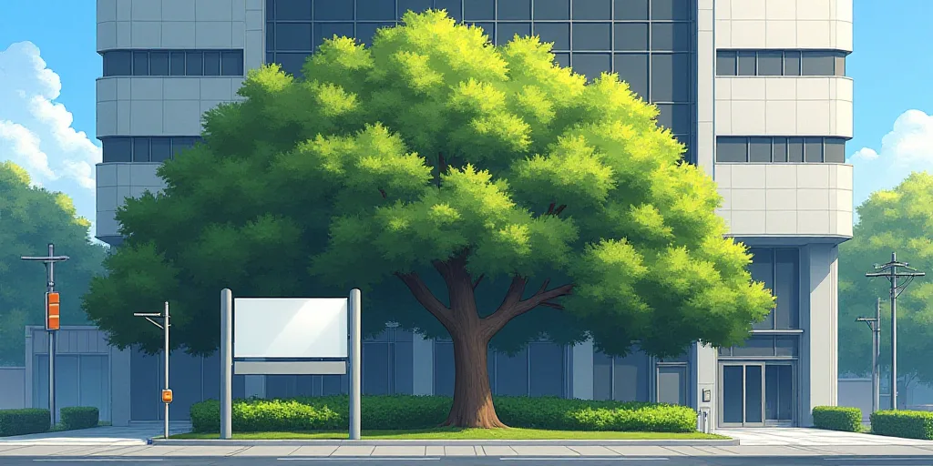 a sign in front of a tall building with a tree in front of it and a few bushes in front of it, Ai-Mi