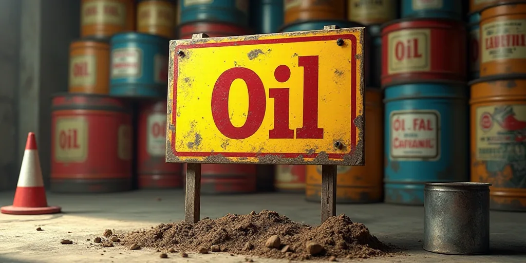 a sign is in front of a large stack of oil cans and cans of oil are in the background, Constant Perm