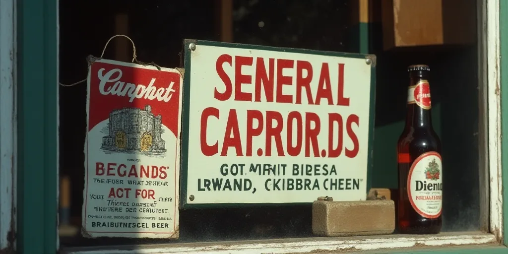 a sign is posted on a window of a storefront with advertisements on it and a bottle of beer, Elbridg