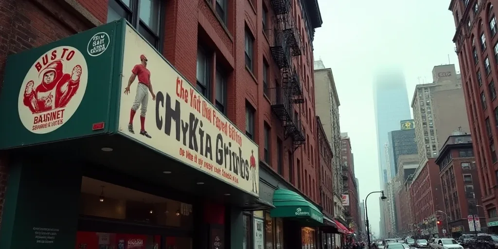 a sign on a building advertising a team of baseball players on the street in new york city, new york