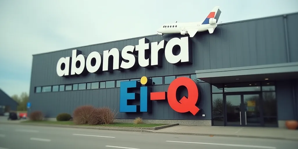 a sign on a building that says abonstra on it and a plane on the side of it, Ei-Q, turnaround, a til