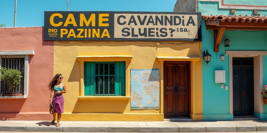 a sign on a building that says came in spanish and english and a woman is standing in front of it, C