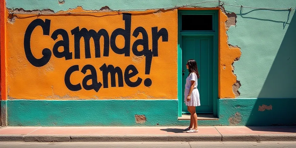 a sign on a building that says came in spanish and english and a woman is standing in front of it, C