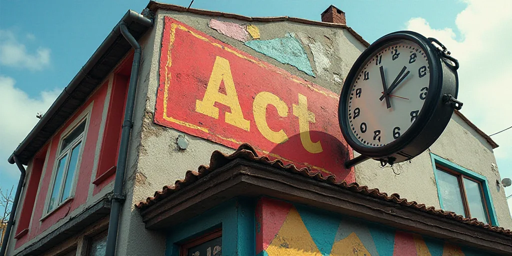 a sign on a building that says act on it's side and a clock on the side of it, Dahlov Ipcar, leica,