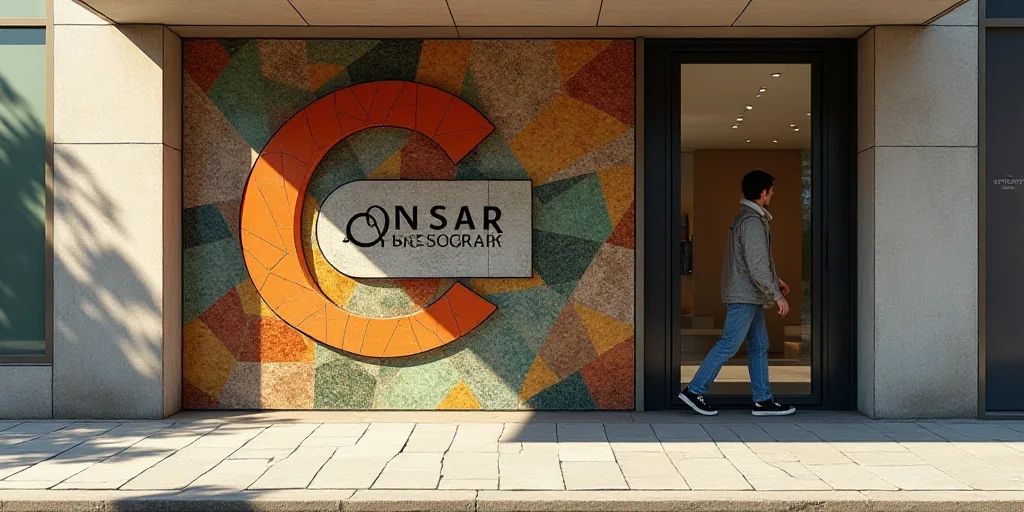 a sign on a wall that says consar in a building with a glass door and a man walking by, Conrad Marca