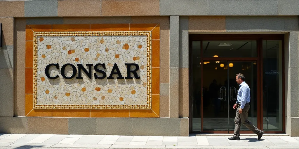 a sign on a wall that says consar in a building with a glass door and a man walking by, Conrad Marca