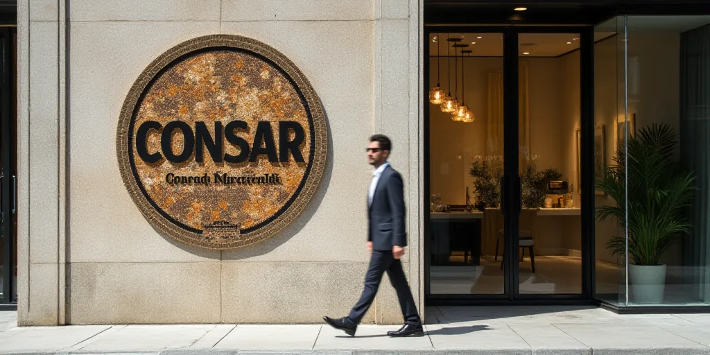 a sign on a wall that says consar in a building with a glass door and a man walking by, Conrad Marca