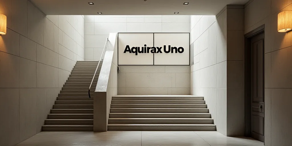 a sign that is above a set of stairs in a building with a staircase leading up to the second floor,