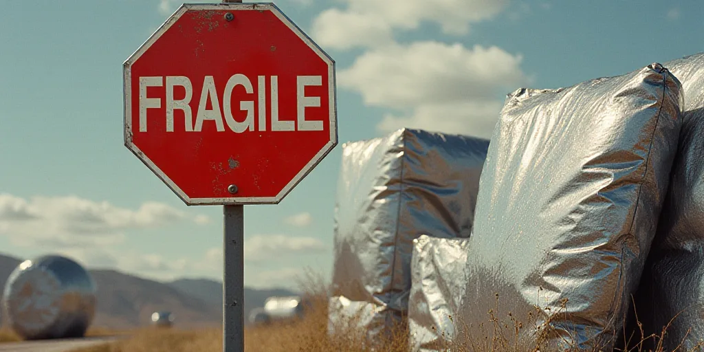 a sign that is on a pole near some foil wrapped in plastic wrappers and a sign that says fragile, An