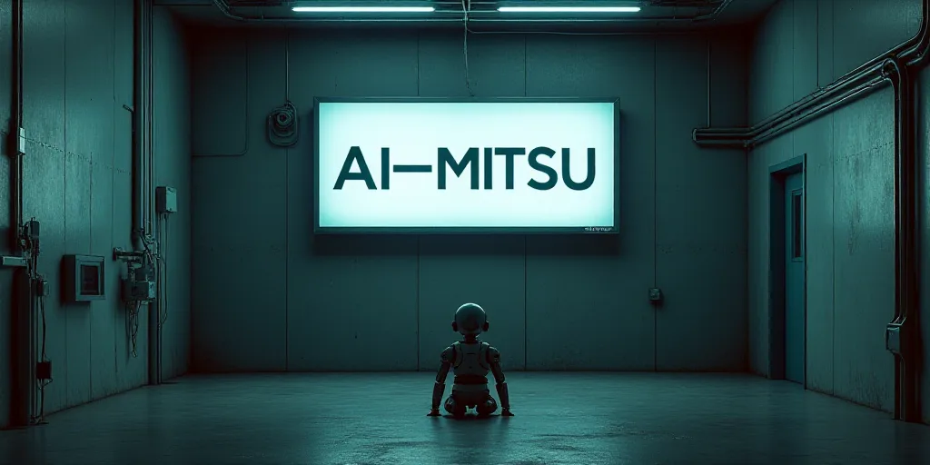 a sign that is sitting in the middle of a room with a sign that says, avg,, Ai-Mitsu, dystopian, a h