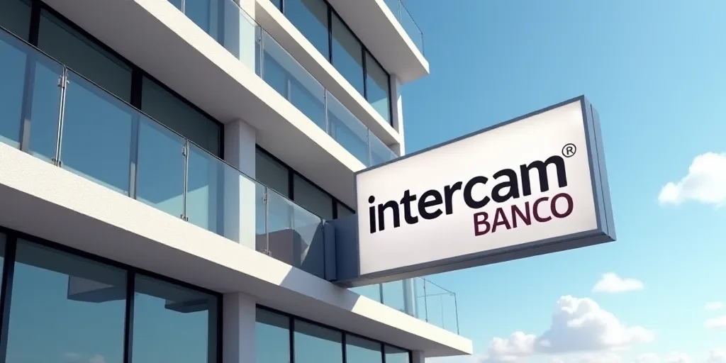 a sign that reads intercam banco on the side of a building with glass windows and a sky background,