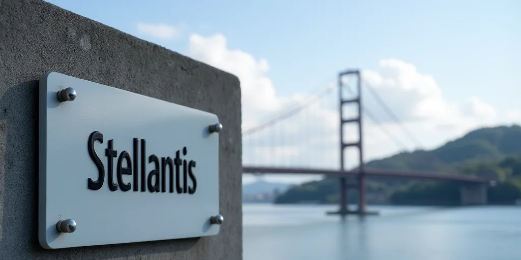 a sign that reads stellantis on a wall with a sky background and a bridge in the background, Bálint