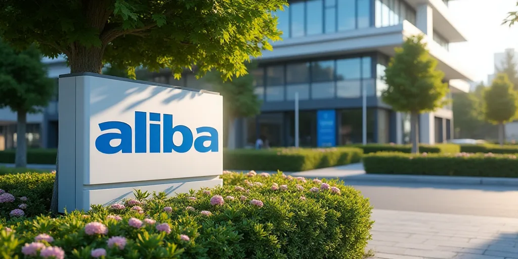 a sign that says aliba on it in front of a building with flowers and bushes around it and a blue and