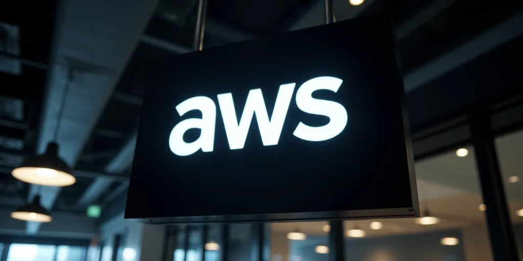 a sign that says aws hanging from a ceiling in a building with a black background and a white aws lo