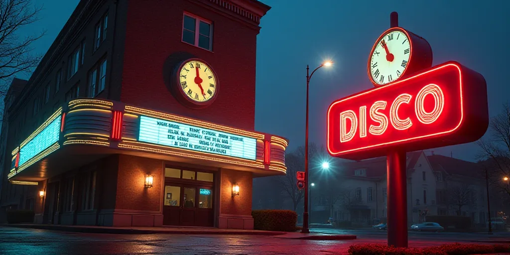 a sign that says disco on it in front of a building with a clock on it's side, Brian 'Chippy' Dugan,