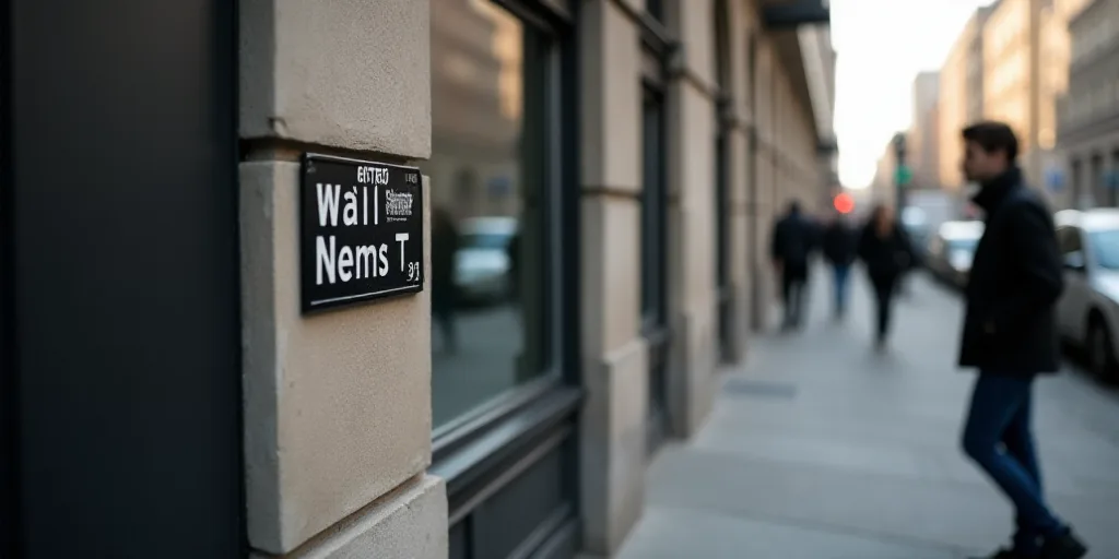 a sign that says wall street is on the side of a building with people walking by it and a man walkin