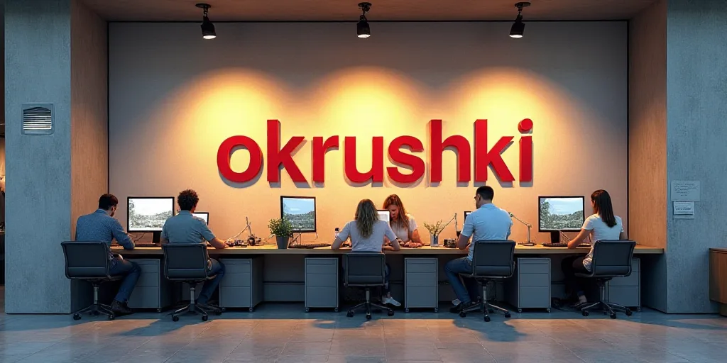 a sign that says,'okrushki'on the wall of a building with people working at computers, Bohumil Kubis