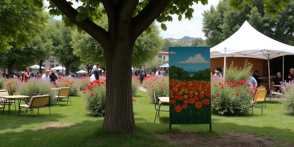 a sign with flowers on it in front of a tree and people sitting at tables in the background and a te