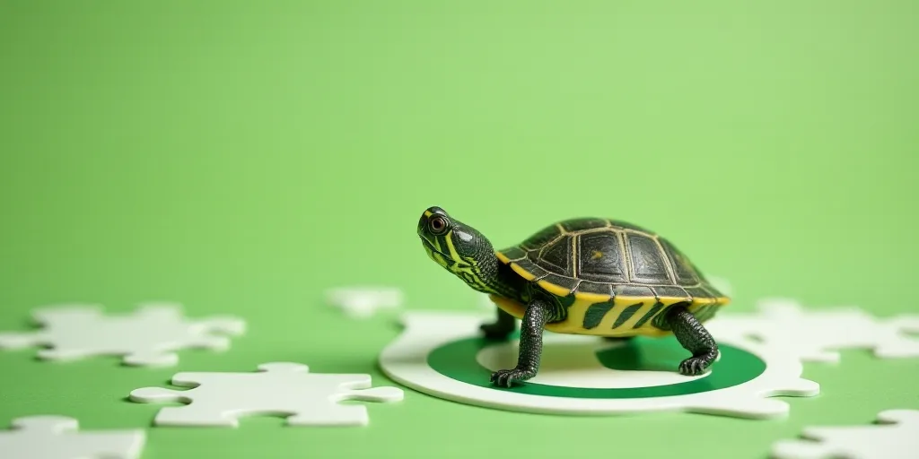 a small turtle is sitting on a green and white sign with a green and white logo behind it and a gree