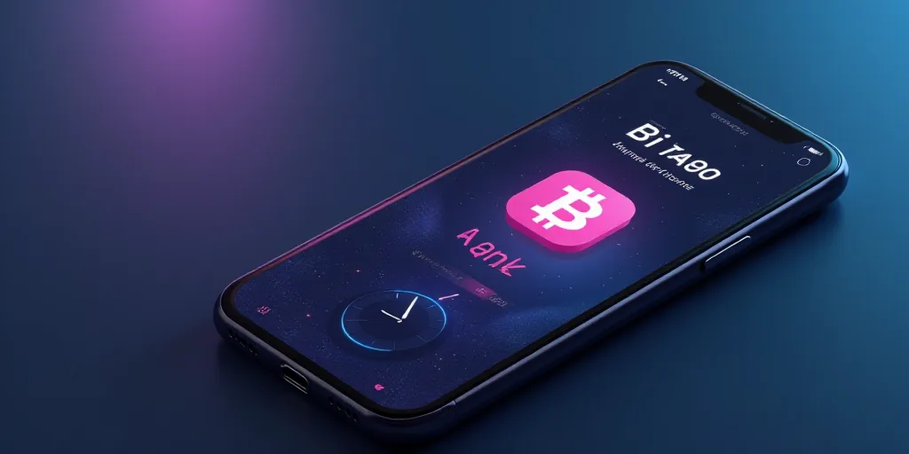 a smartphone with a clock on the screen and a bitco app on the screen with the bitco logo, ESAO, beh