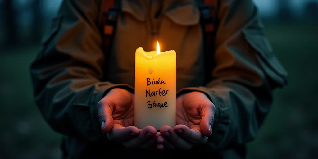 a soldier holding a lit candle in his hands in the dark with a message on it that reads,, Federico U