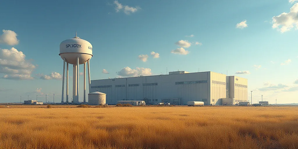 a spacex building with a large water tower in the background and a large field of grass in front of