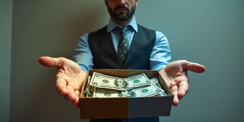 a split photo of a man holding a box of money and a man holding a box of money in his hand, Eduardo