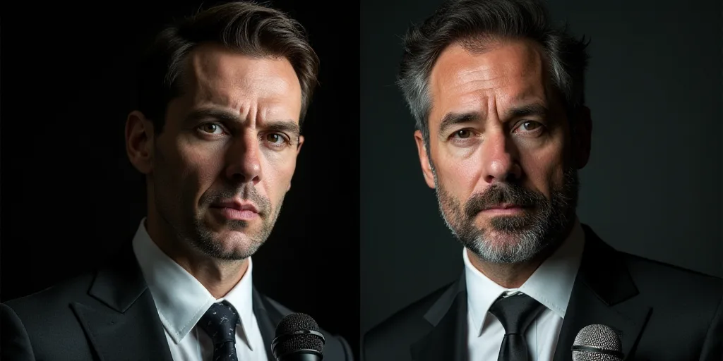a split photo of a man in a suit and a man in a tie with a microphone in his hand, Andries Both, hor