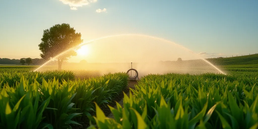 a sprinkler is spraying water on a field of crops in the background is a tree and a fence, Enguerran