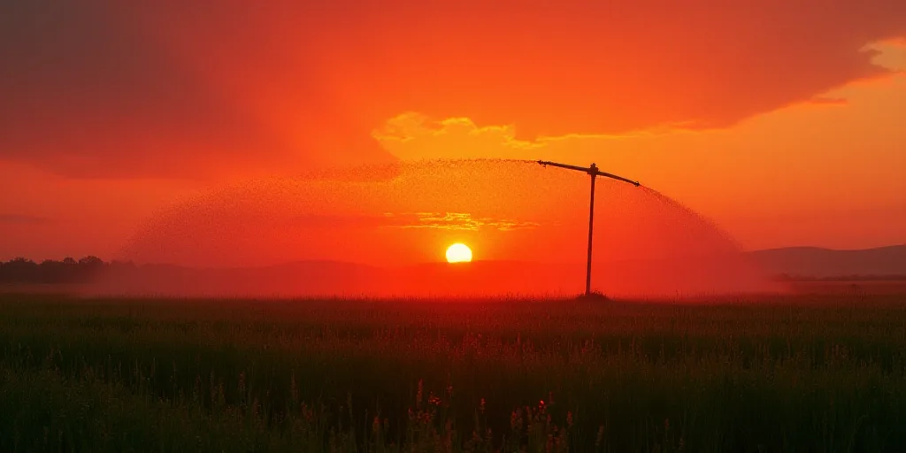 a sprinkler spraying water on a field of crops at sunset or dawn with a red sky, Andreas Gursky, sol